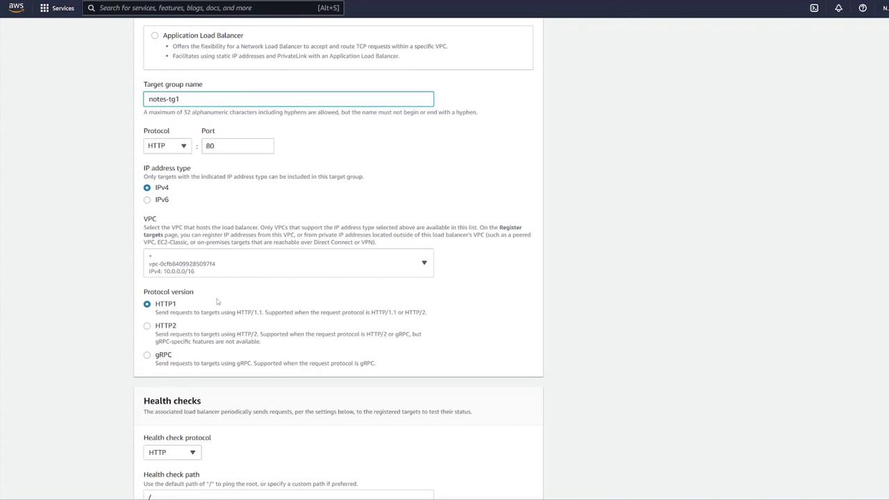 The image shows a configuration screen for setting up an Application Load Balancer on AWS, including options for target group name, protocol, IP address type, VPC, and health checks.