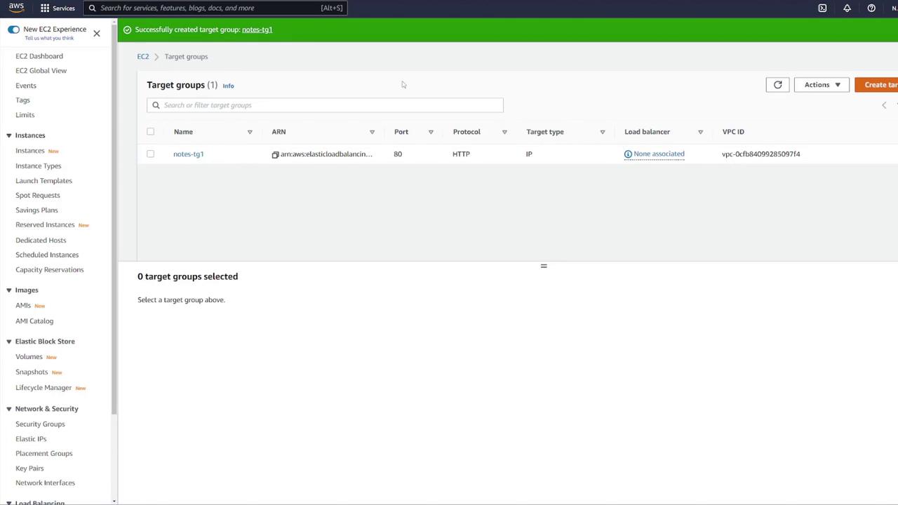 The image shows an AWS EC2 dashboard with a target group named "notes-tg1" successfully created. It displays details like port, protocol, target type, and VPC ID.
