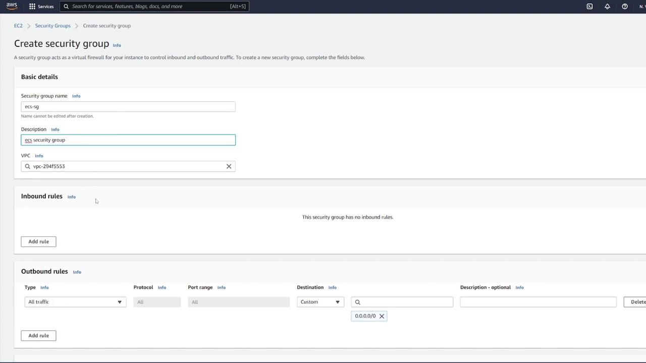 The image shows a web interface for creating a security group in AWS EC2, with fields for basic details, inbound rules, and outbound rules. The security group has no inbound rules, and the outbound rules allow all traffic.