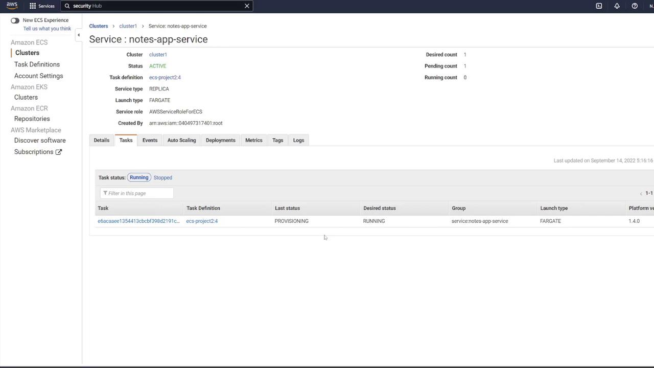 The image shows an AWS ECS console displaying details of a service named "notes-app-service" with a task in the "PROVISIONING" state. The service uses the FARGATE launch type.