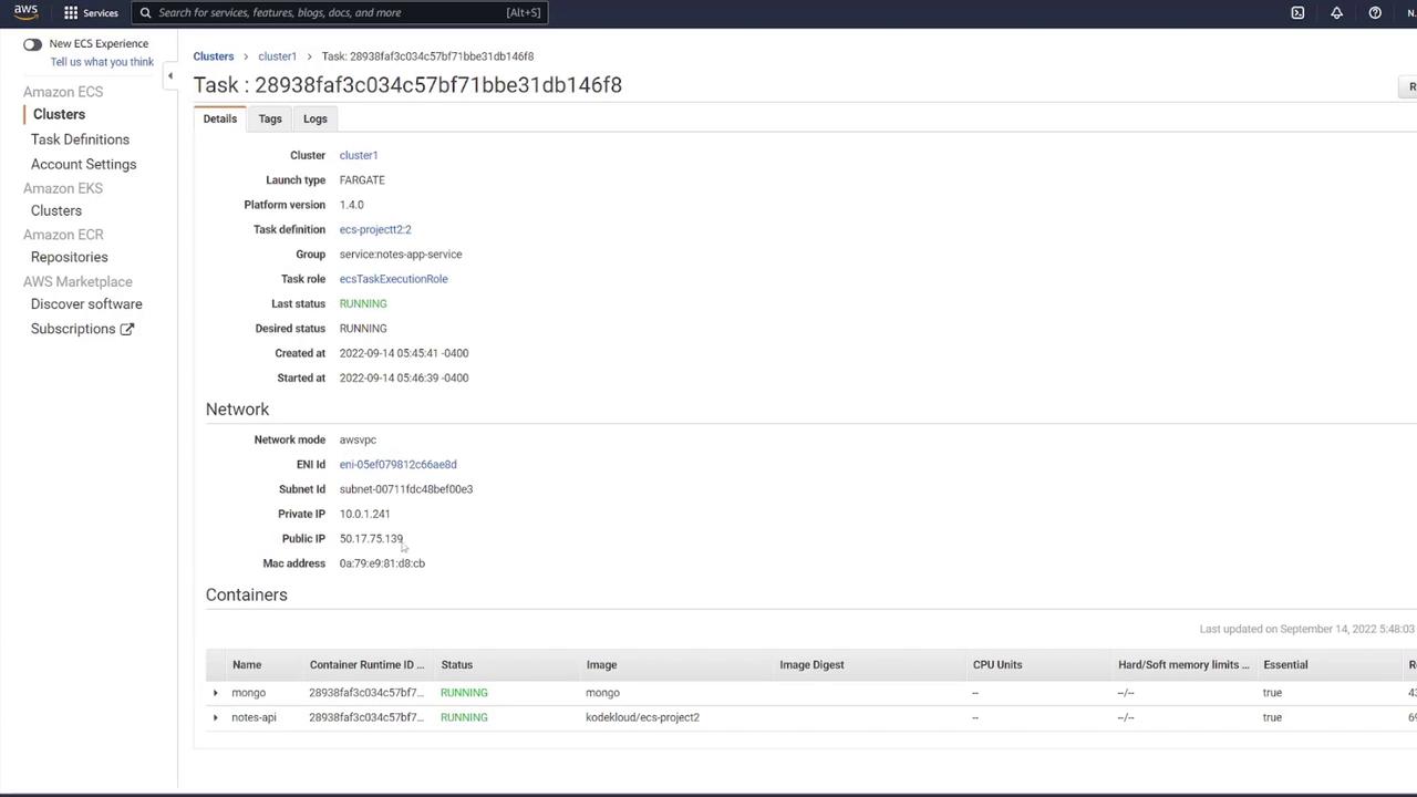 The image shows an AWS ECS task details page, displaying information about a running task, including cluster details, network configuration, and container statuses.