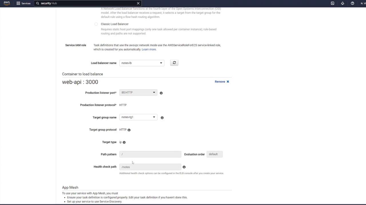 The image shows a configuration screen for setting up a load balancer in AWS, detailing settings such as load balancer name, listener port, protocol, and target group.