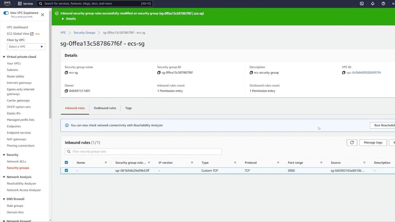 The image shows an AWS security group configuration page, displaying details and inbound rules for a specific security group named "ecs-sg."