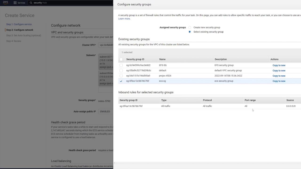 The image shows a configuration screen for setting up security groups in AWS, displaying options for selecting existing security groups and their inbound rules.
