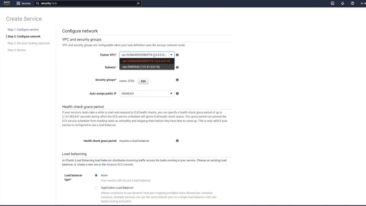 The image shows a configuration screen for creating a service in AWS, specifically focusing on network settings such as VPC, subnets, and security groups. It includes options for enabling public IP assignment and configuring load balancing.