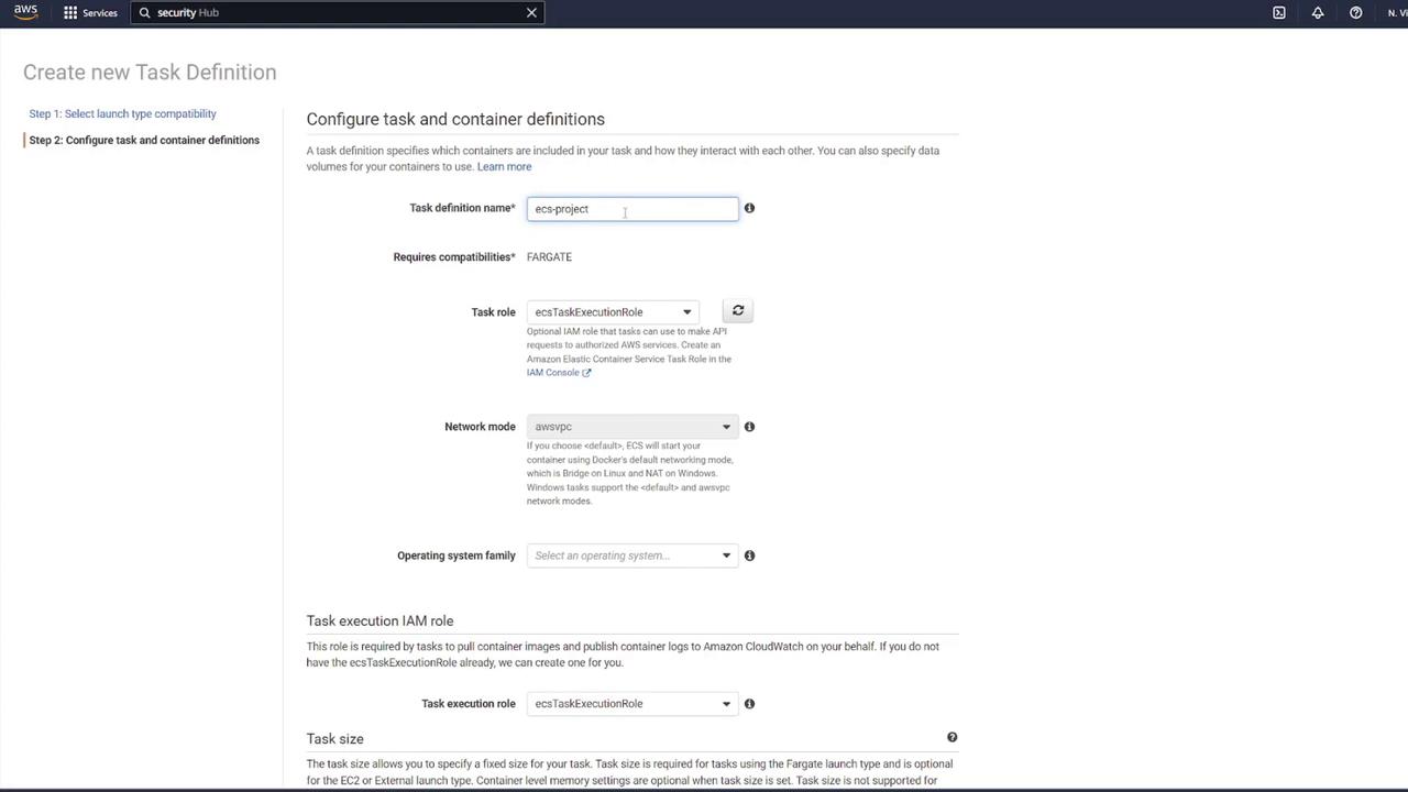 The image shows a configuration screen for creating a new task definition in AWS, specifically for setting up task and container definitions with options like task name, network mode, and task role.