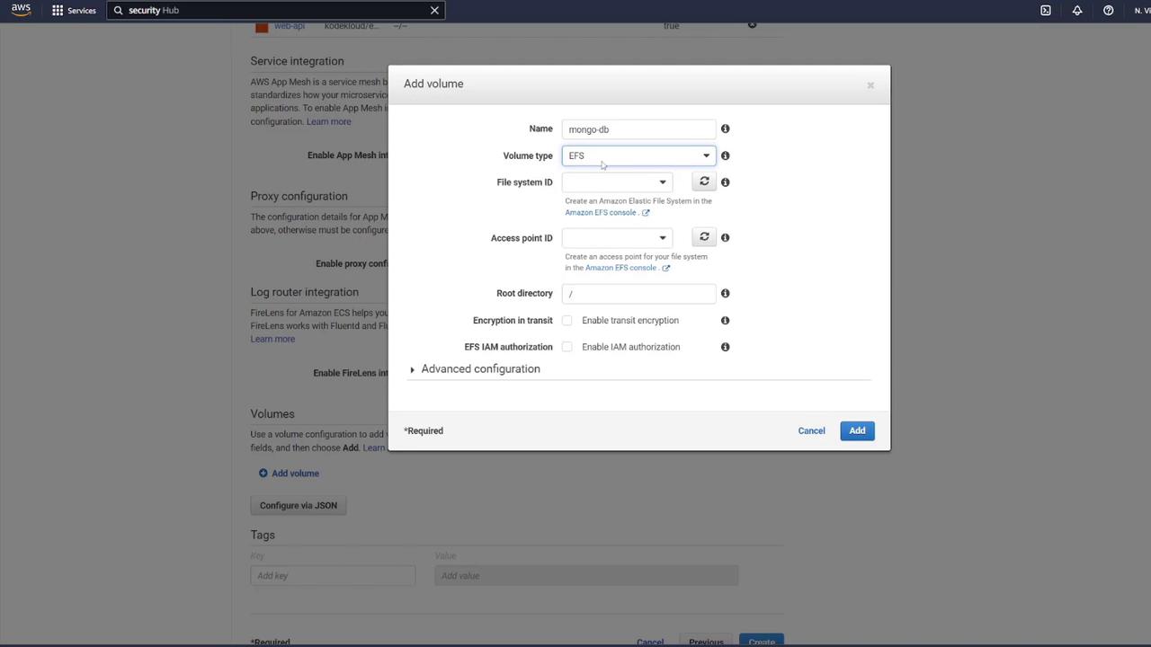 The image shows a dialog box for adding a volume in an AWS interface, with options for configuring volume type, file system ID, access point ID, and other settings.