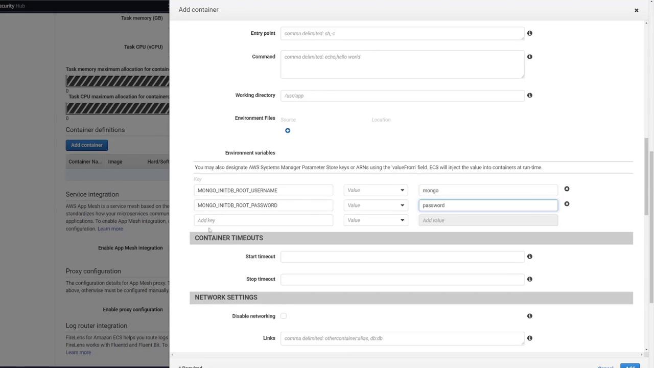 The image shows a configuration screen for adding a container, including fields for entry point, command, working directory, and environment variables. It also includes sections for container timeouts and network settings.