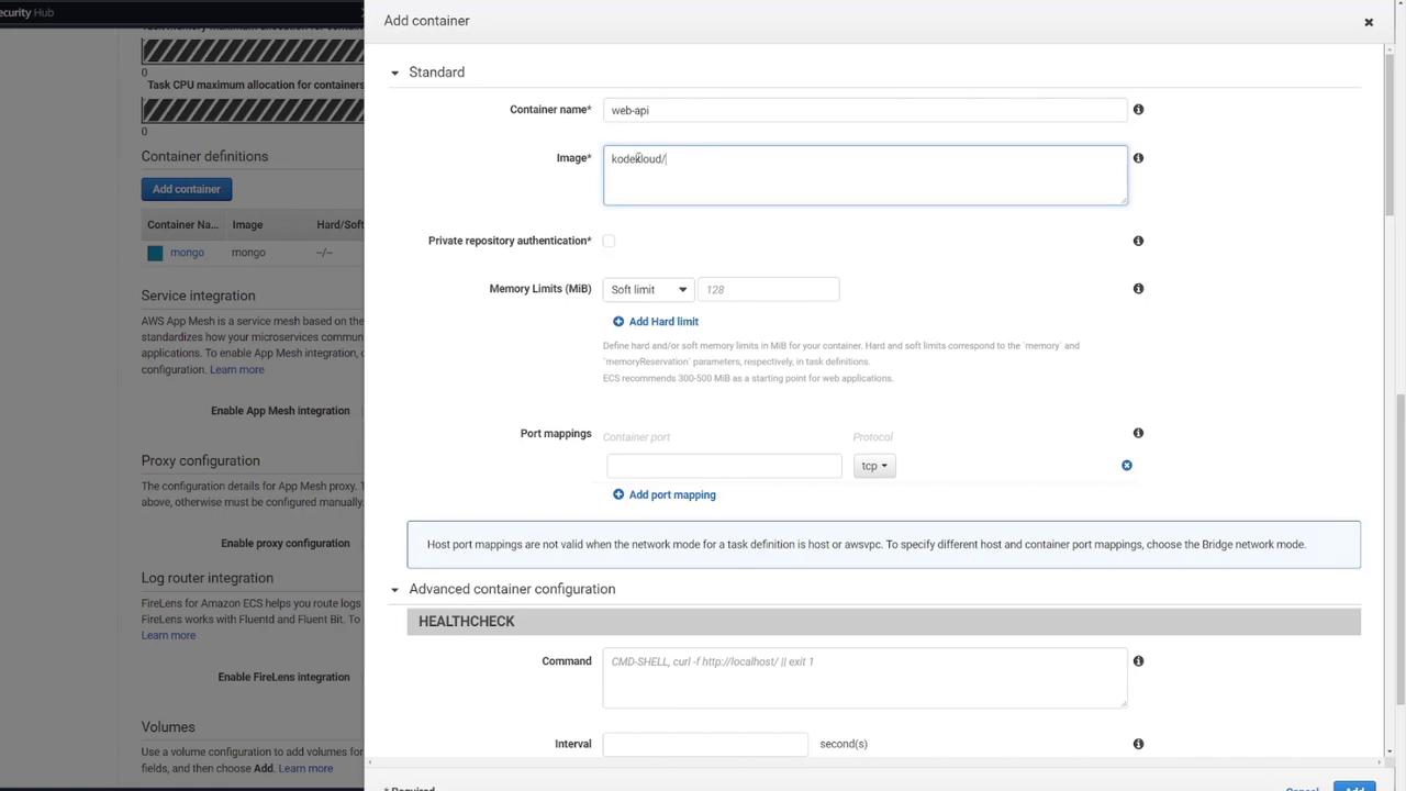 The image shows a web interface for adding a container, with fields for container name, image, memory limits, and port mappings. It also includes advanced container configuration options like health checks.