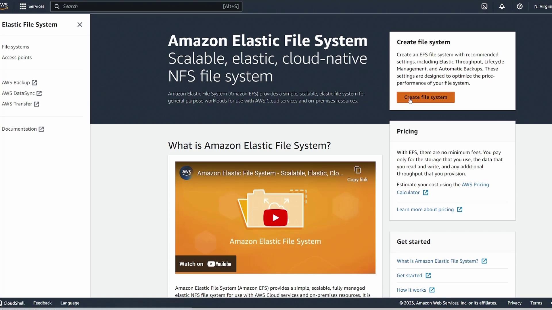 The image shows a webpage for Amazon Elastic File System (EFS), highlighting its scalable and elastic cloud-native NFS file system features, with options to create a file system and view pricing details.