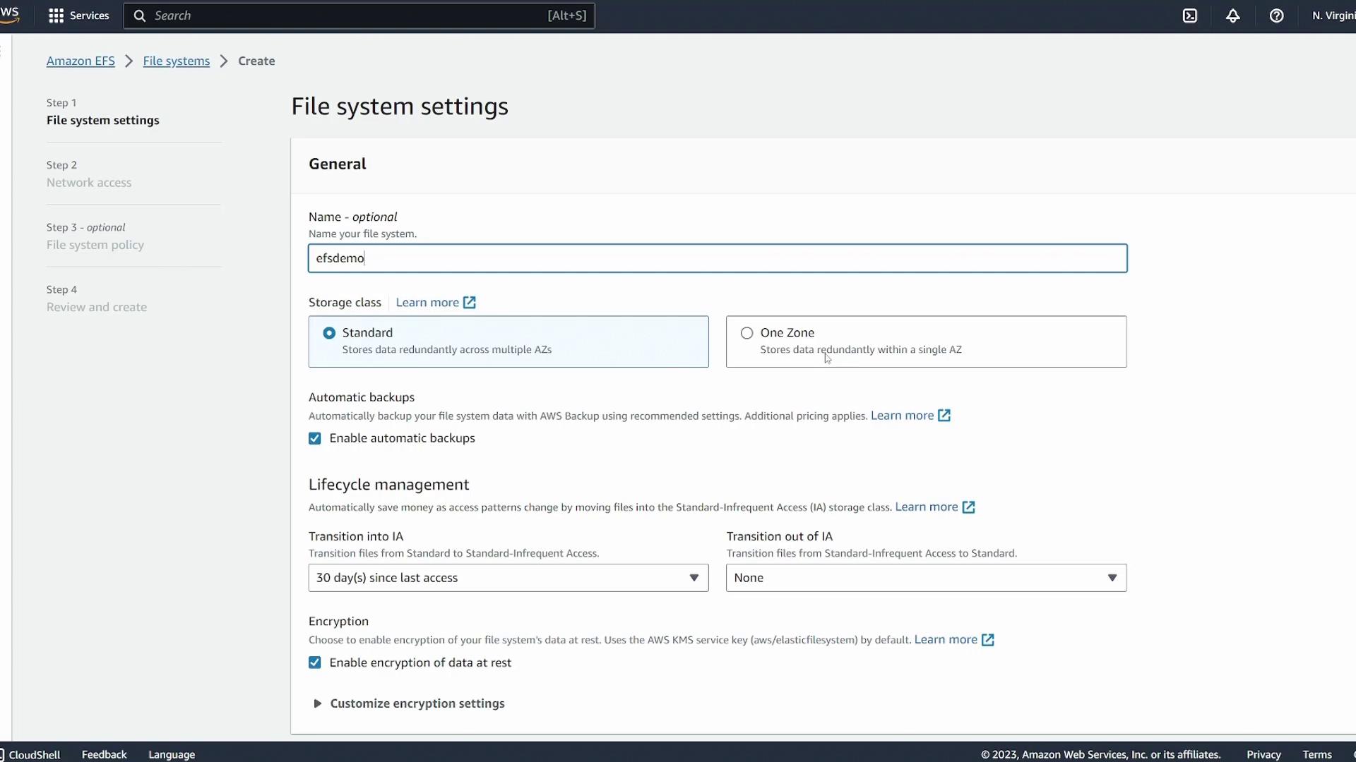 The image shows the "File system settings" page for creating an Amazon EFS file system, with options for naming, storage class, automatic backups, lifecycle management, and encryption settings.