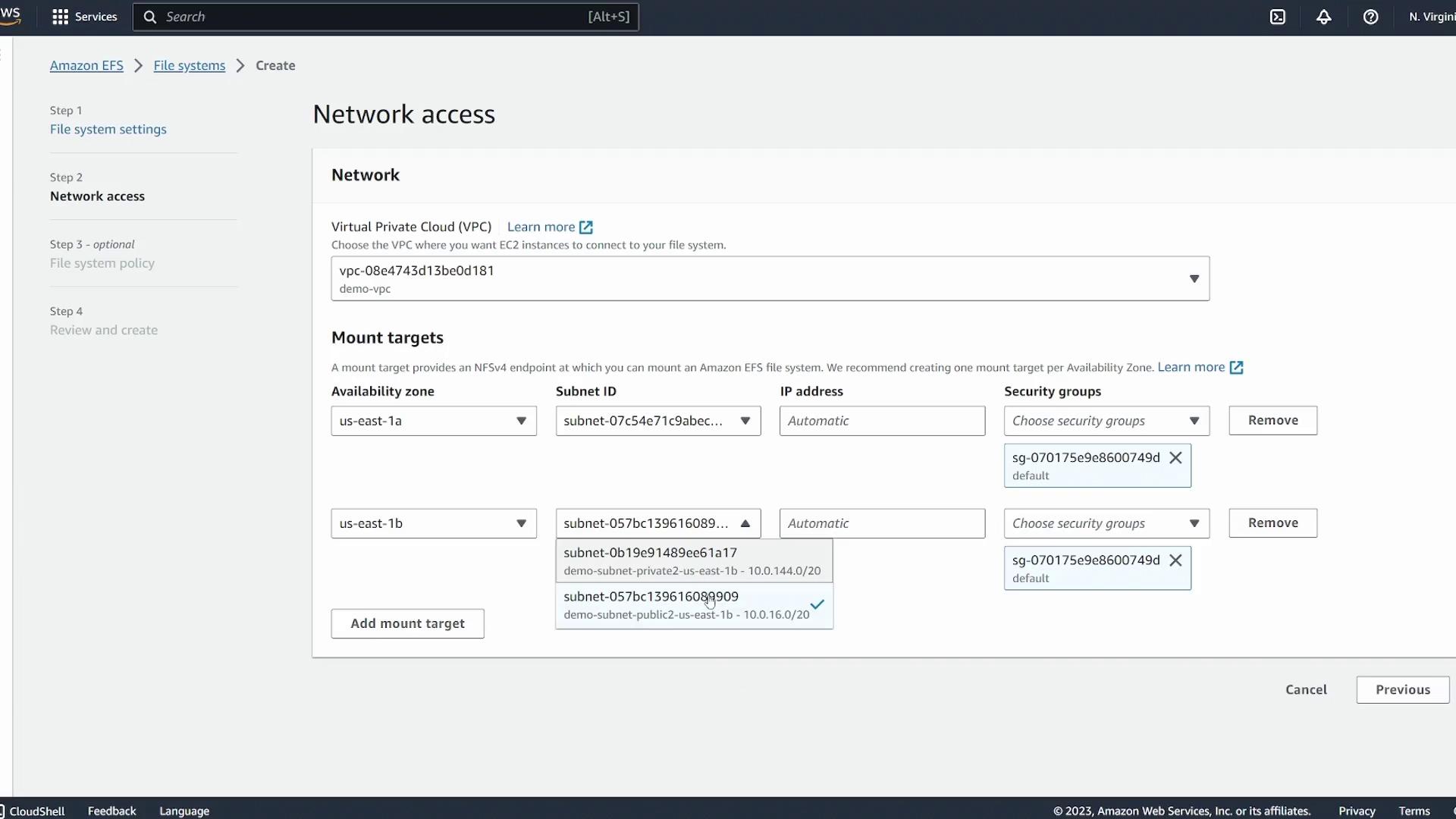 The image shows a configuration screen for setting up network access in Amazon EFS, where users can select a Virtual Private Cloud (VPC) and configure mount targets with specific availability zones, subnets, and security groups.