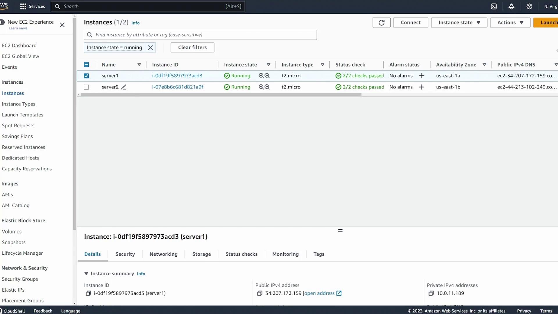 The image shows an AWS EC2 dashboard with two running instances, both of type t2.micro, displaying their status checks and other details.