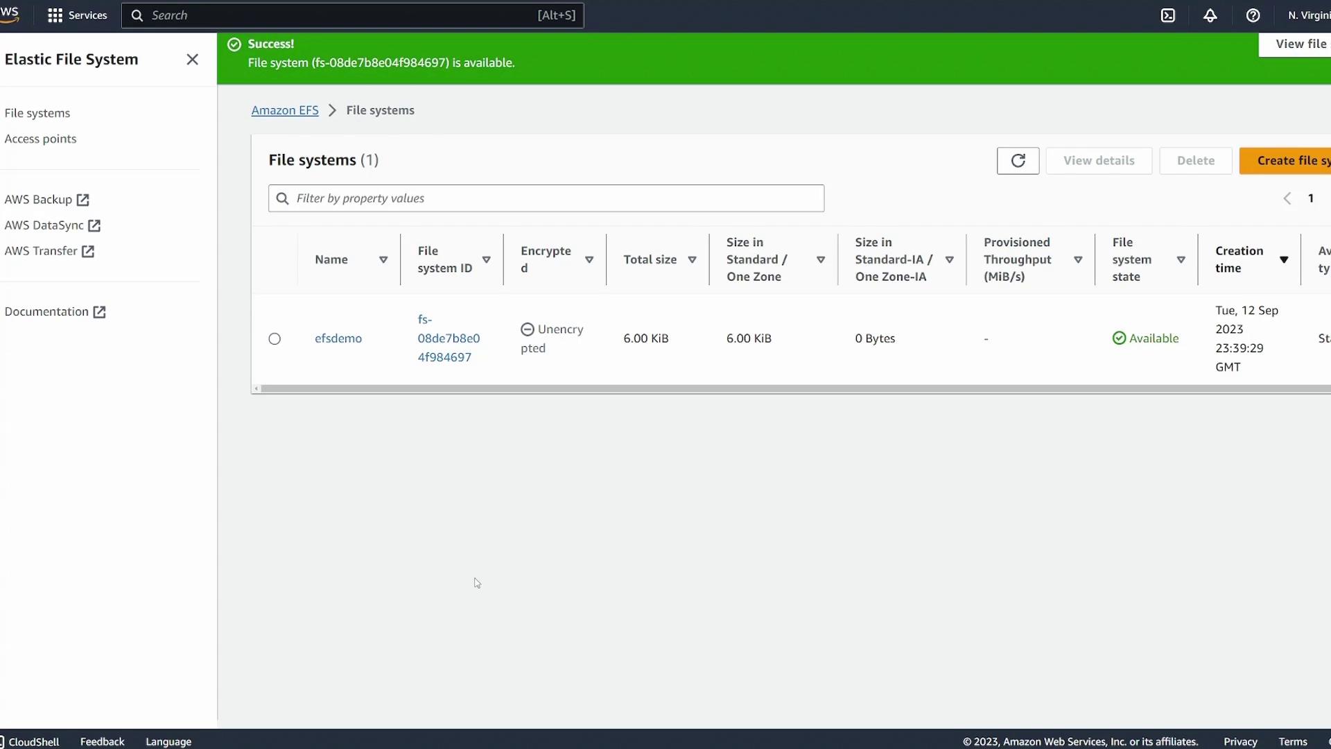 The image shows an AWS Elastic File System (EFS) dashboard with a file system named "efs-demo" that is available and unencrypted, with a total size of 6.00 KiB.