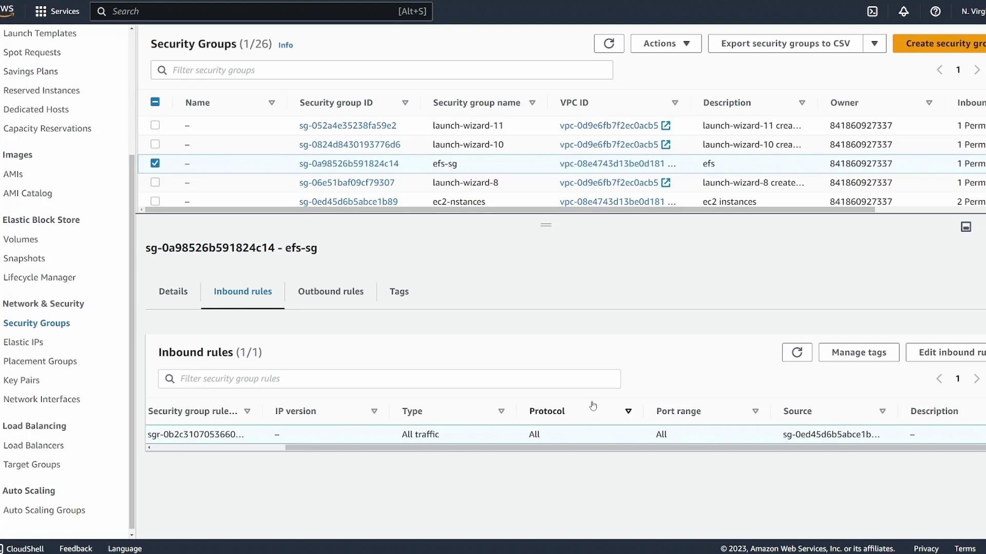 The image shows an AWS Management Console screen displaying a list of security groups, with details of inbound rules for a selected security group.