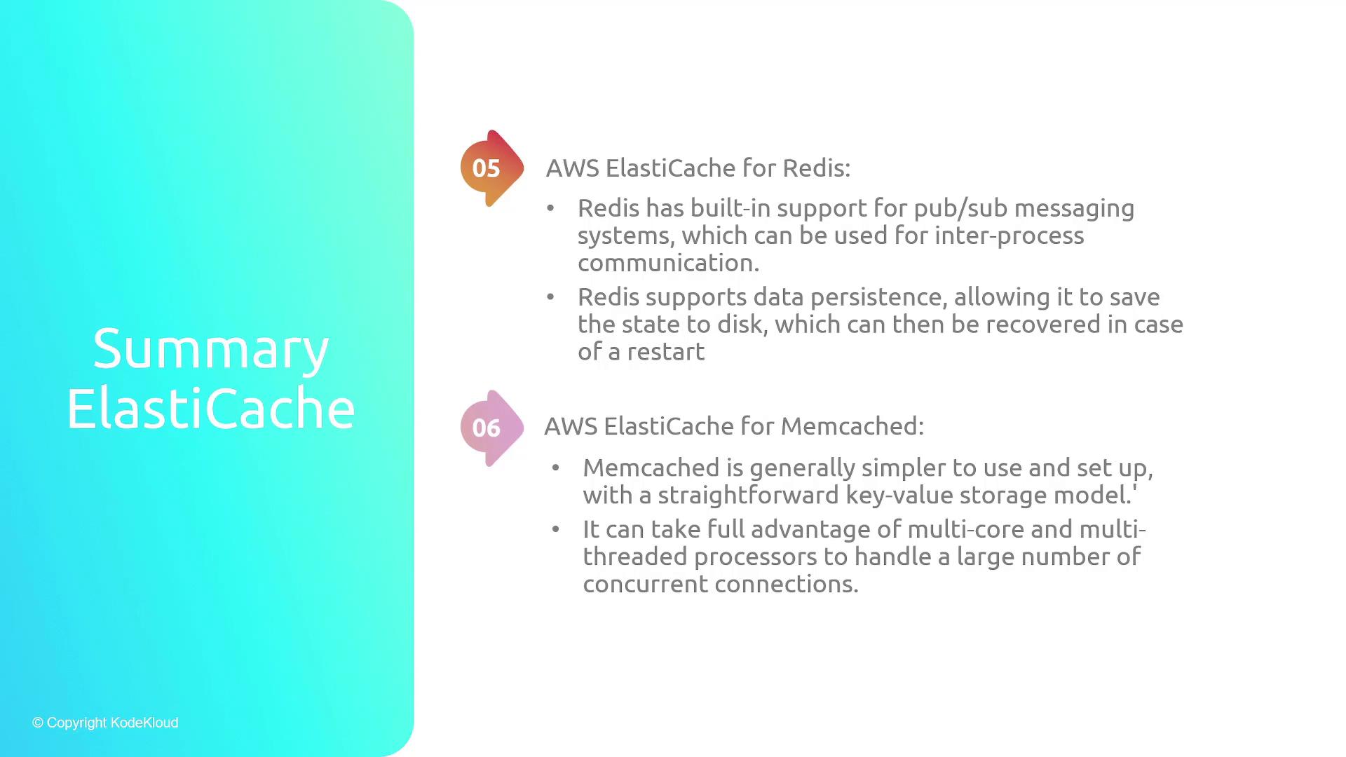 The image is a summary of AWS ElastiCache, highlighting features of Redis and Memcached, including Redis's support for pub/sub messaging and data persistence, and Memcached's simplicity and multi-core processing capabilities.