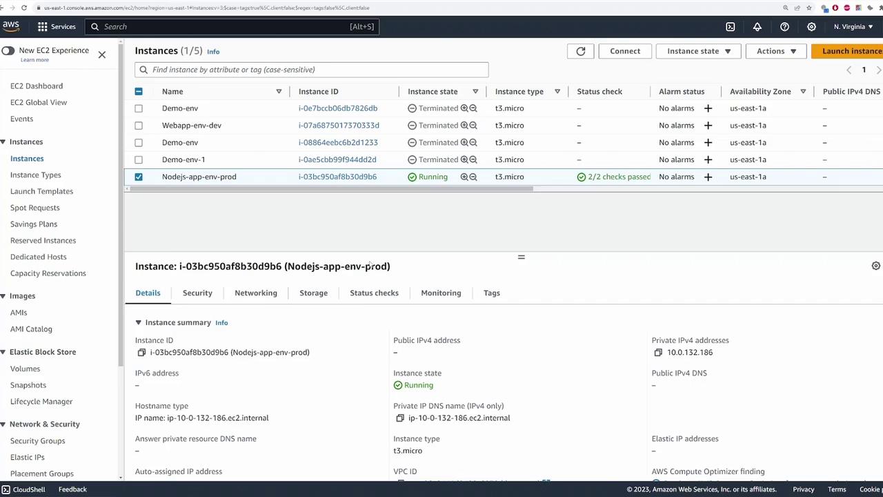 The image shows an AWS EC2 console with a list of instances, where one instance named "Nodejs-app-env-prod" is running, and others are terminated. The details of the running instance are displayed below.