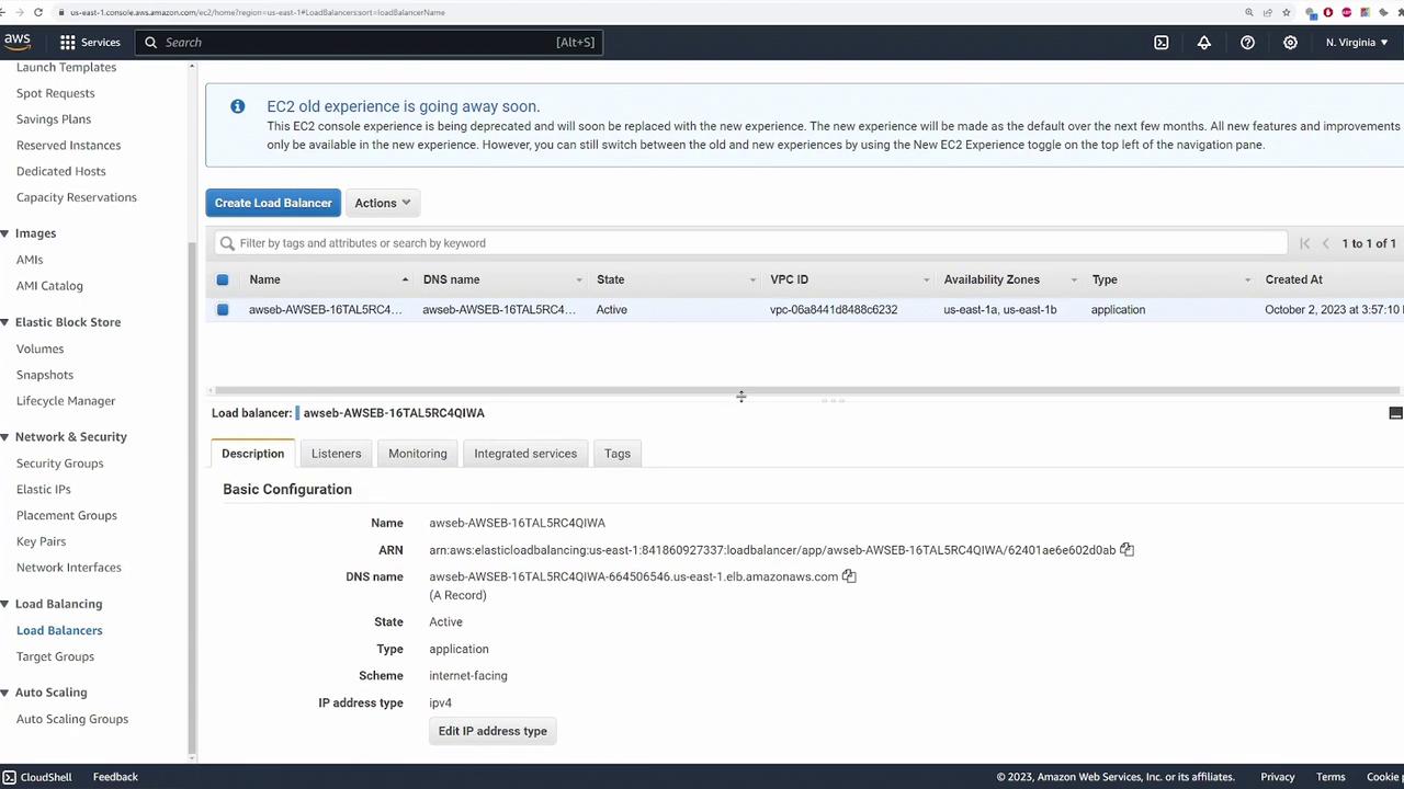The image shows an AWS EC2 console interface displaying details of a load balancer, including its name, state, VPC ID, availability zones, and basic configuration.
