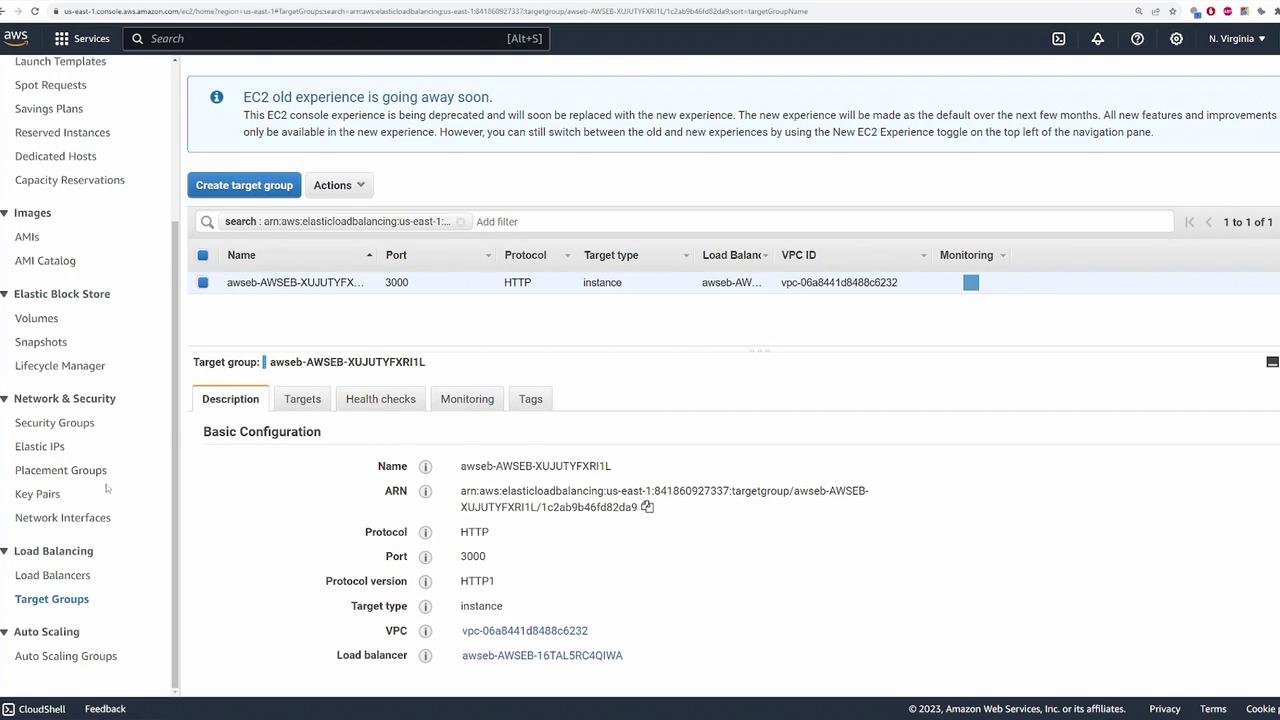 The image shows an AWS EC2 console interface displaying details of a target group configuration, including protocol, port, and VPC information. The sidebar lists various AWS services and features.