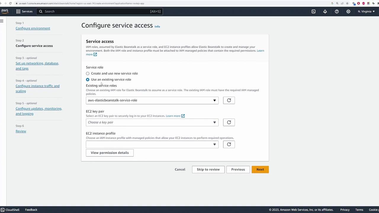 The image shows an AWS Elastic Beanstalk configuration screen for setting up service access, including options for selecting IAM roles, EC2 key pairs, and instance profiles. The interface provides options to create or use existing service roles and profiles.