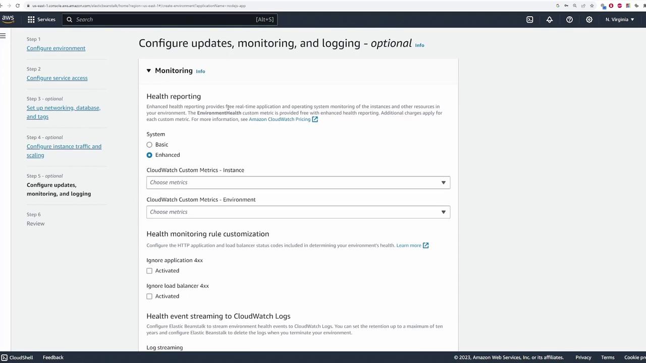 The image shows a configuration page from the AWS Elastic Beanstalk console, specifically for setting up updates, monitoring, and logging options. It includes settings for health reporting, CloudWatch custom metrics, and health monitoring rule customization.
