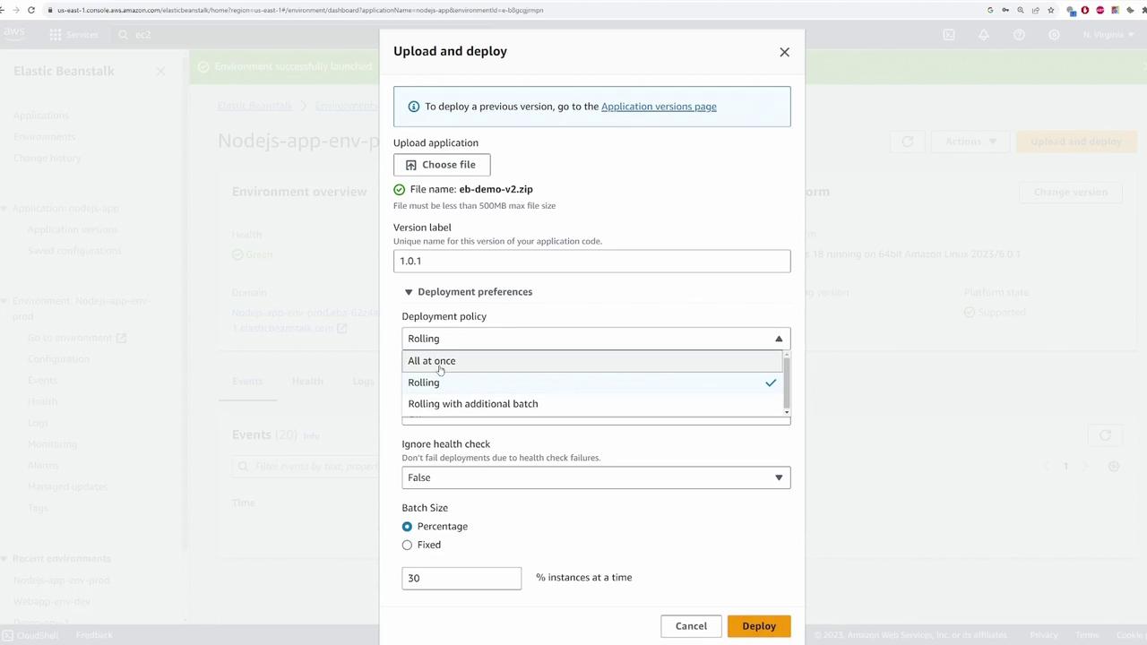 The image shows an AWS Elastic Beanstalk interface for uploading and deploying an application. It includes options for selecting a file, setting a version label, and choosing deployment preferences.