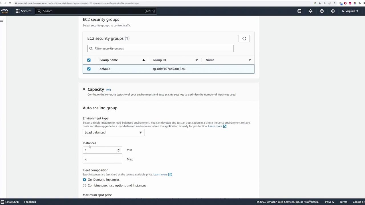 The image shows an AWS Elastic Beanstalk configuration screen, focusing on EC2 security groups and auto-scaling group settings, including environment type and instance limits.