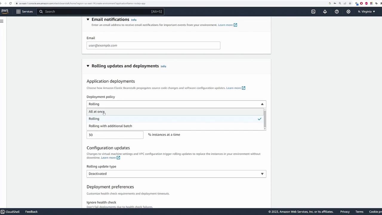 The image shows a section of the AWS Elastic Beanstalk console, specifically the settings for email notifications and rolling updates and deployments. It includes options for deployment policy and configuration updates.