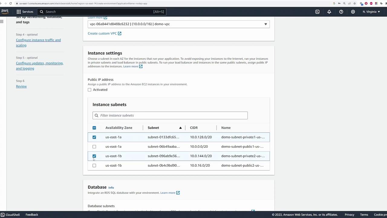 The image shows an AWS Elastic Beanstalk console screen where instance settings and subnets are being configured, including options for public IP addresses and availability zones.