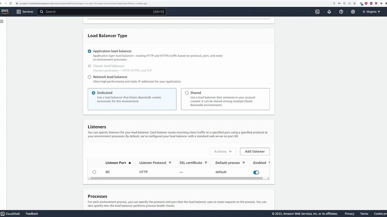 The image shows an AWS Elastic Beanstalk configuration page for setting up a load balancer, with options for selecting the load balancer type and configuring listeners.