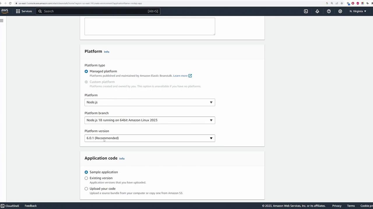The image shows an AWS Elastic Beanstalk configuration page where a user is selecting a managed platform for a Node.js application, specifying the platform branch and version.