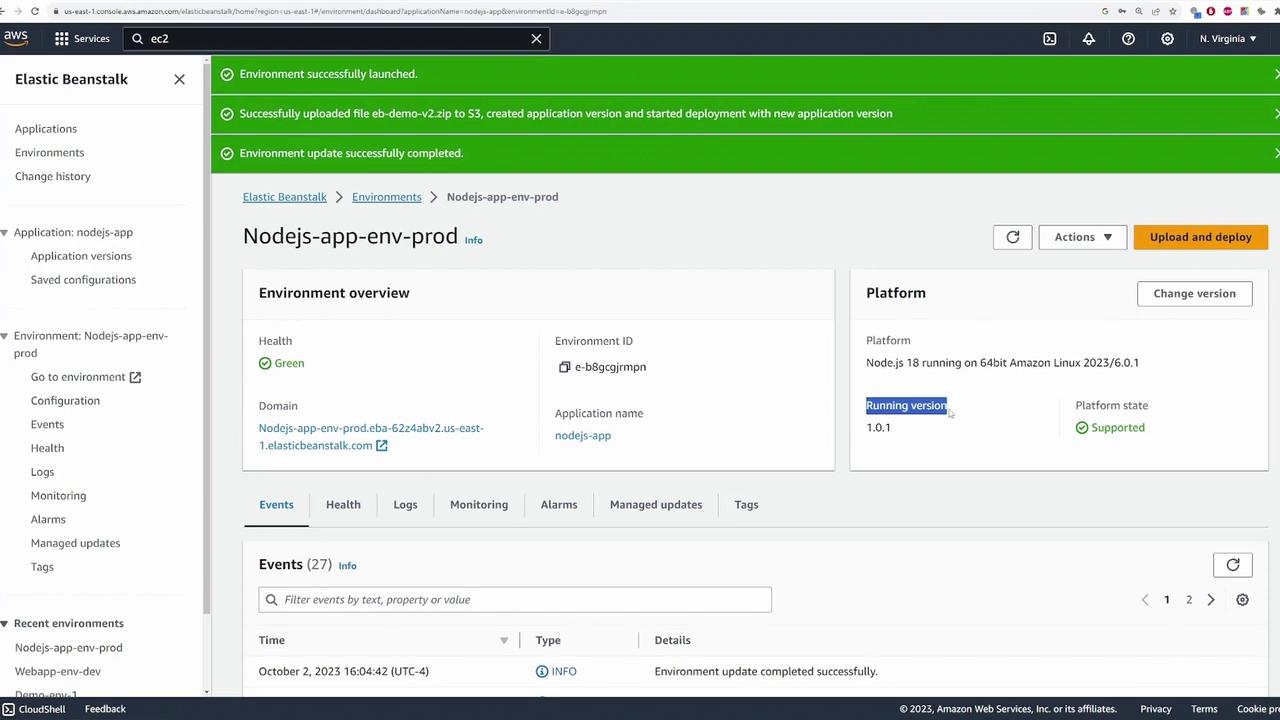The image shows an AWS Elastic Beanstalk dashboard for a Node.js application environment. It indicates a successful deployment with a green health status and details about the platform and running version.