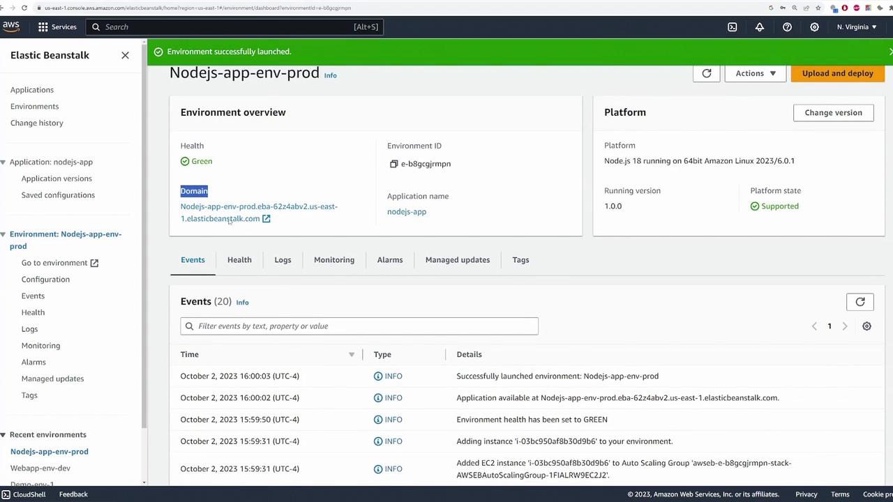 The image shows an AWS Elastic Beanstalk dashboard for a Node.js application environment, indicating a successful launch with a green health status and platform details. It also displays recent event logs related to the environment's deployment and status updates.