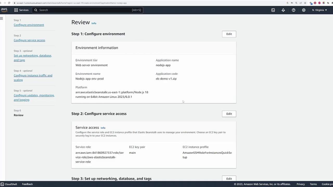 The image shows an AWS Elastic Beanstalk review page for configuring a Node.js application environment. It includes details about the environment, service access, and other setup steps.