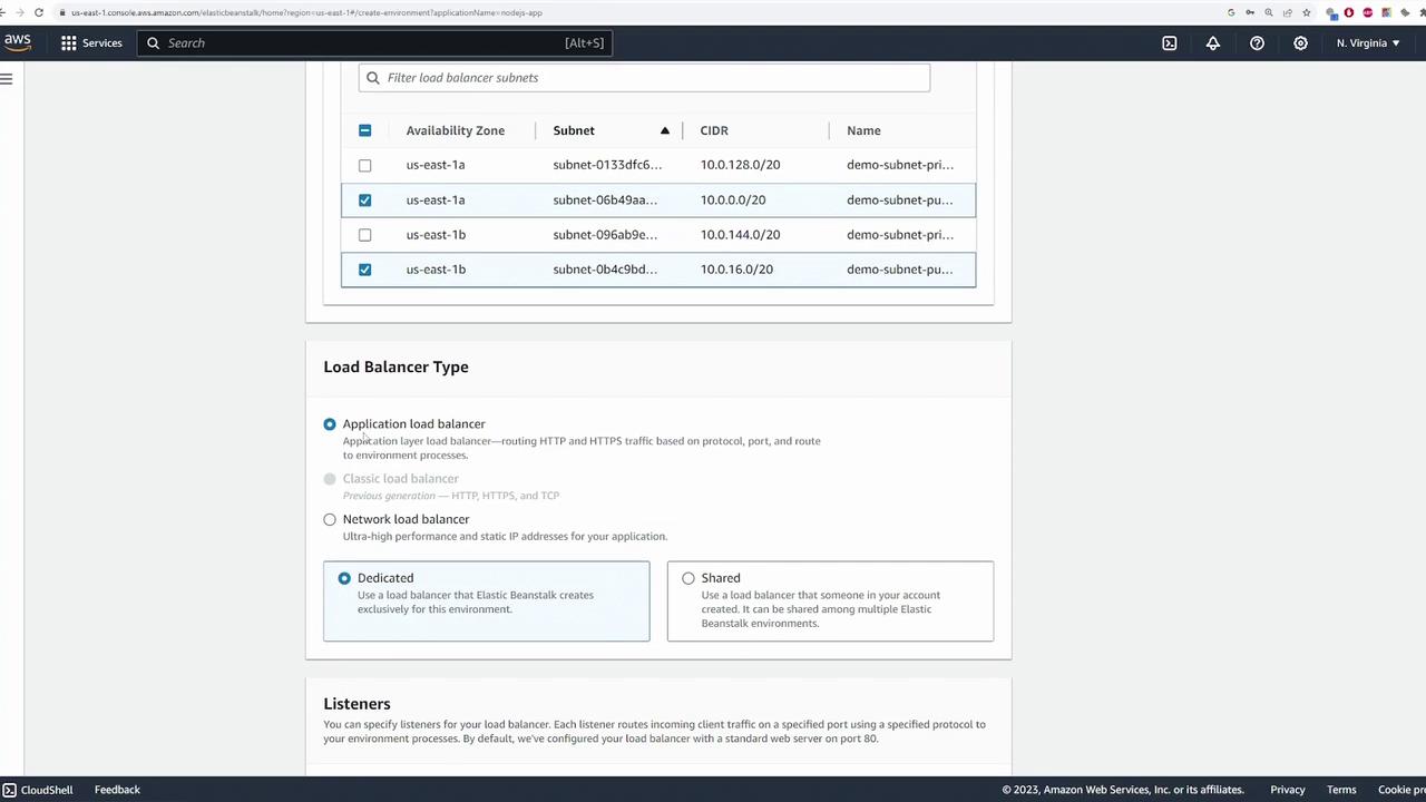 The image shows an AWS console interface for configuring a load balancer, with options for selecting subnets and load balancer types. It includes settings for application, classic, and network load balancers, as well as dedicated or shared configurations.