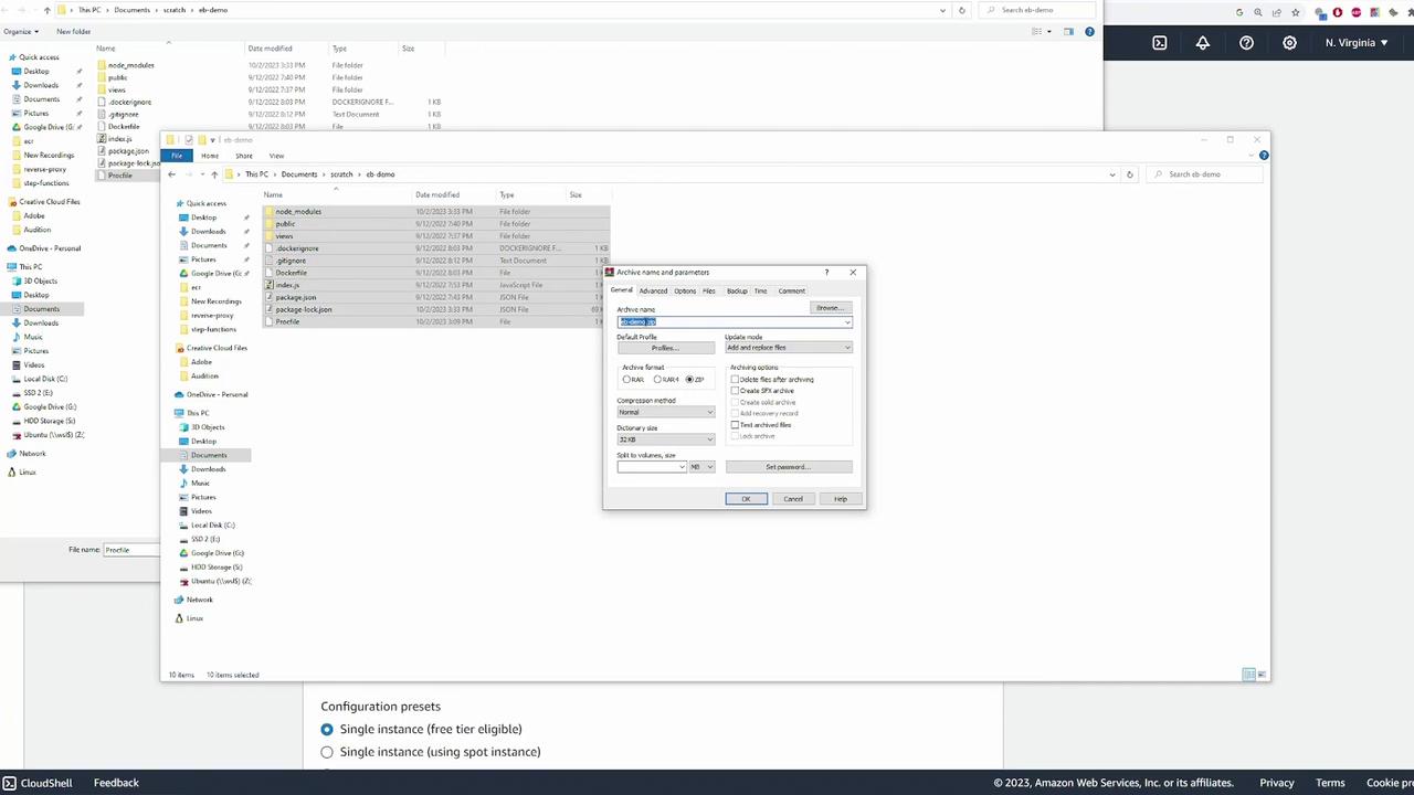 The image shows a Windows File Explorer window with a folder named "eb-demo" open, displaying various files and folders. A dialog box titled "Archive name and parameters" is open, indicating options for creating an archive file.