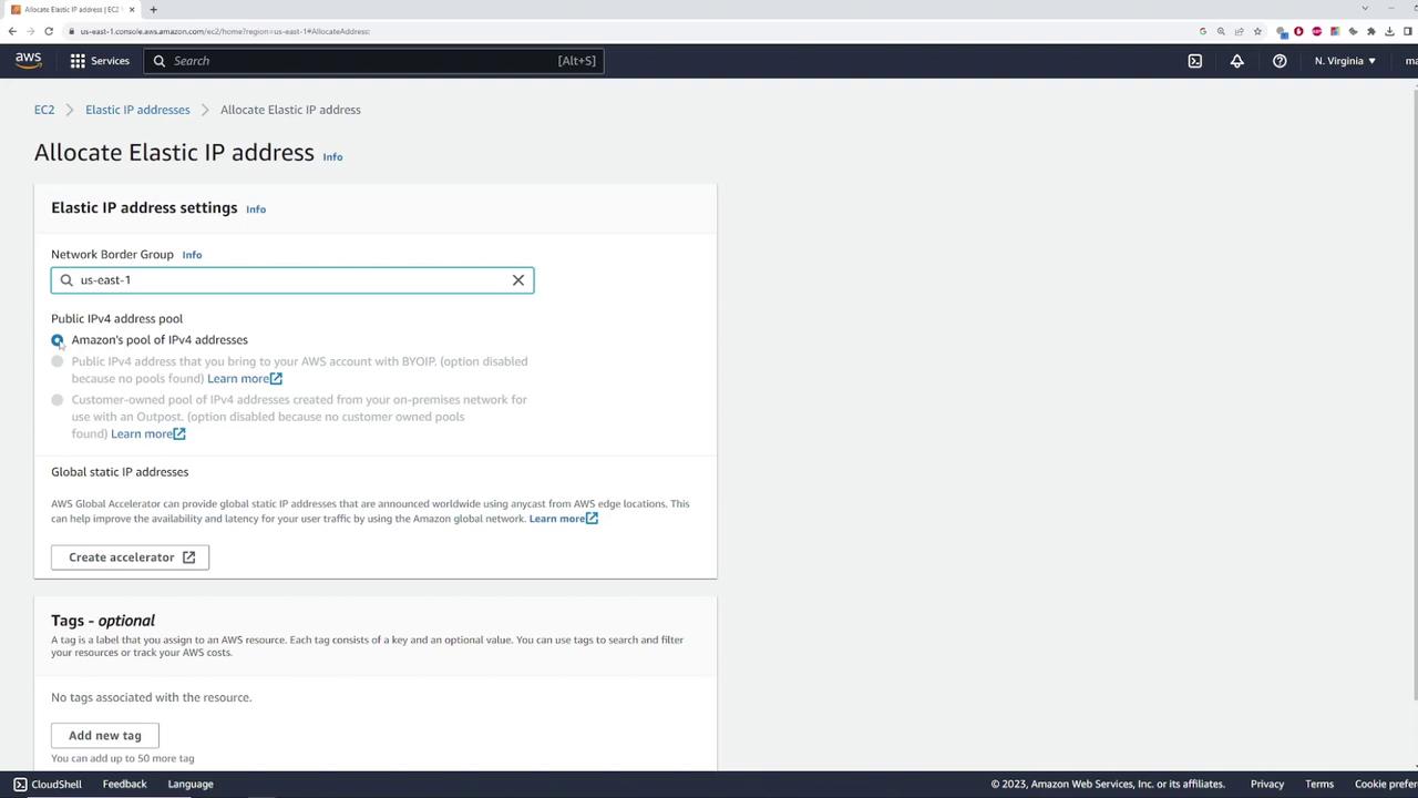 The image shows an AWS console page for allocating an Elastic IP address, with options for selecting a network border group and public IPv4 address pool. There are also sections for global static IP addresses and optional tags.