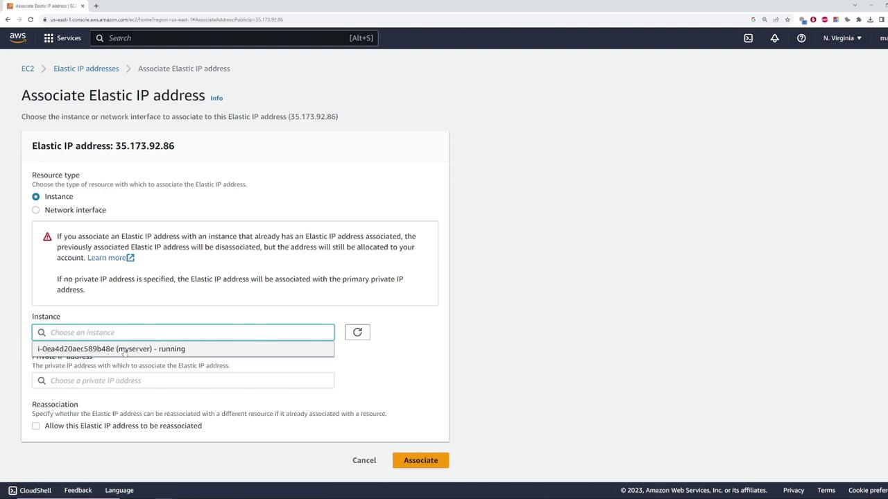 The image shows an AWS console interface for associating an Elastic IP address with an instance. It includes options to choose the instance and private IP address, with a button to associate the IP.
