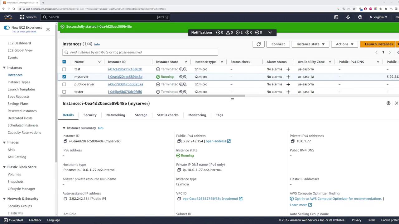 The image shows an AWS EC2 management console with a list of instances, where one instance named "myserver" is running. Details about the instance, such as its ID, state, type, and IP addresses, are displayed.