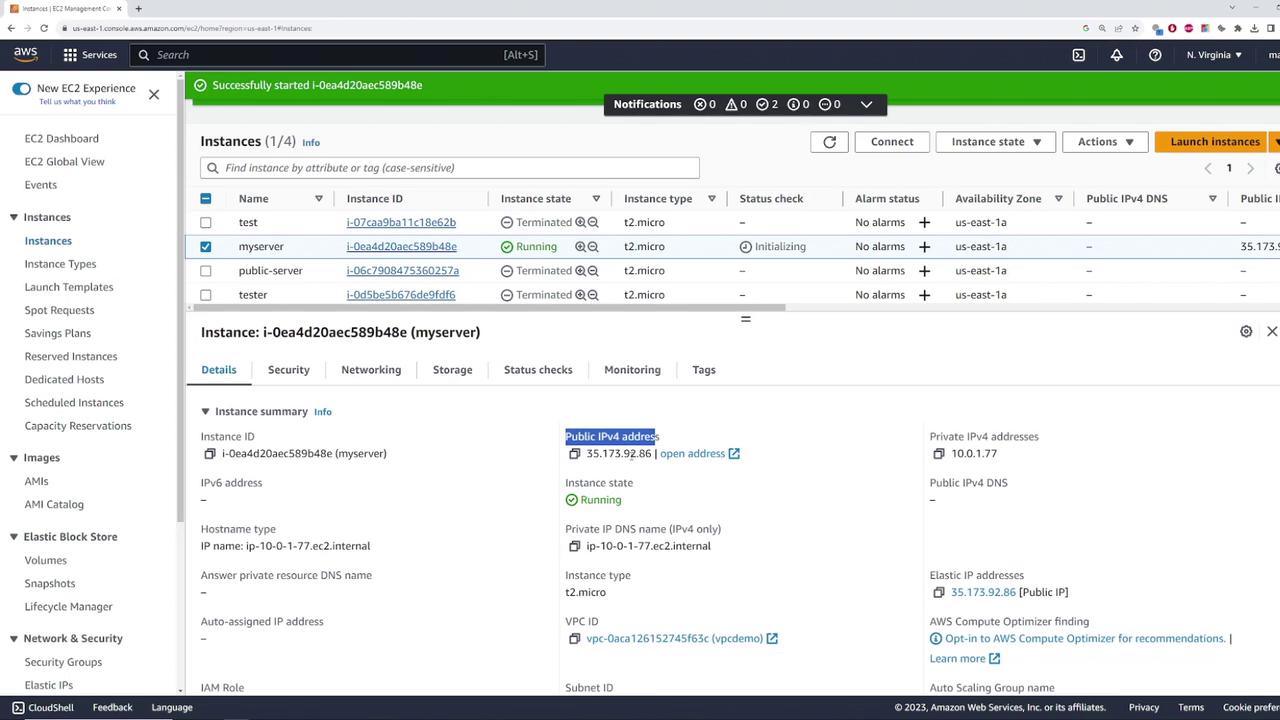 The image shows an AWS EC2 Management Console with a list of instances, highlighting one named "myserver" that is currently running. It provides details such as the instance ID, public IPv4 address, and instance type.