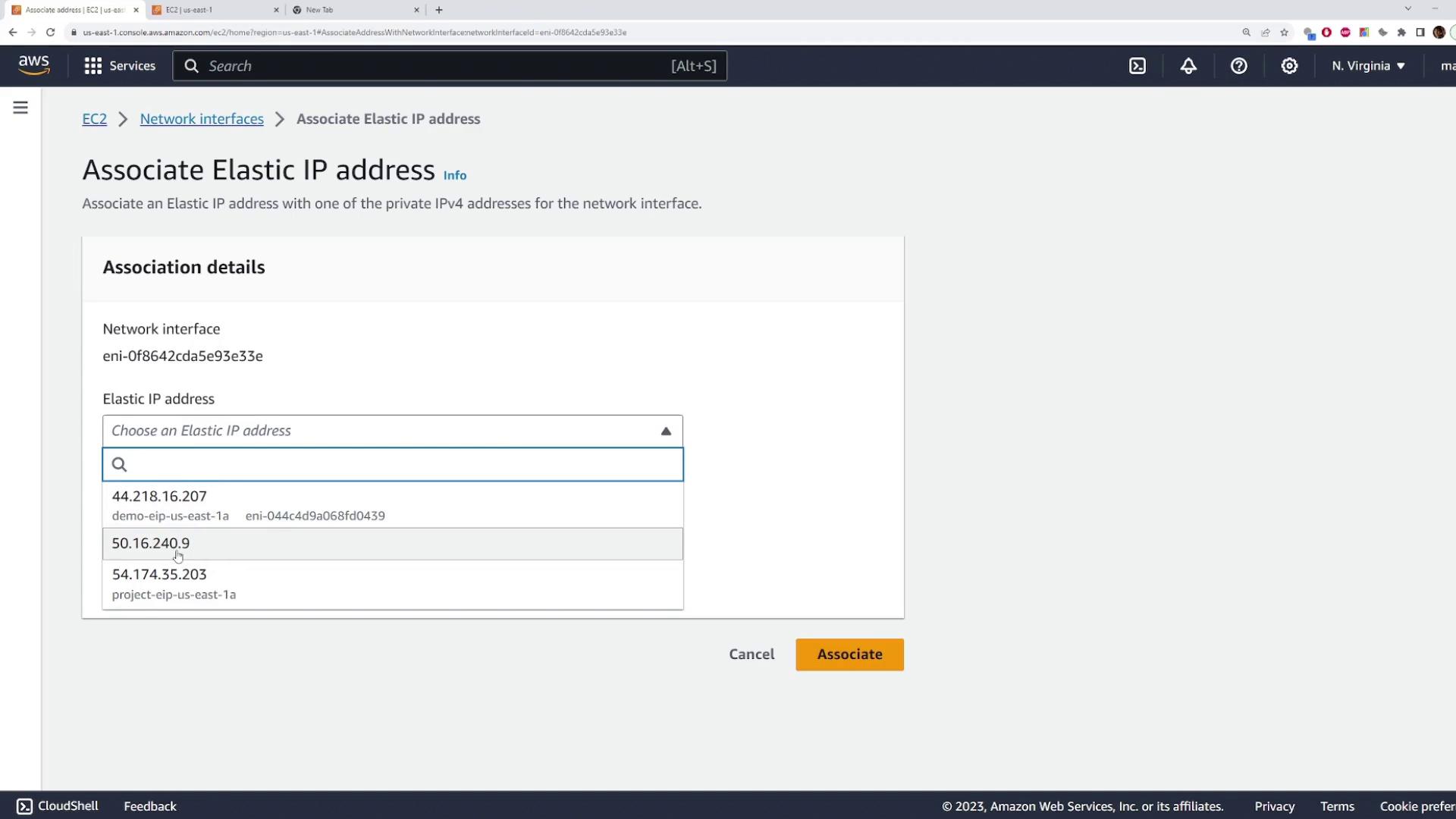 The image shows an AWS console interface for associating an Elastic IP address with a network interface. It includes a dropdown menu to select an Elastic IP address and buttons to cancel or associate the selection.