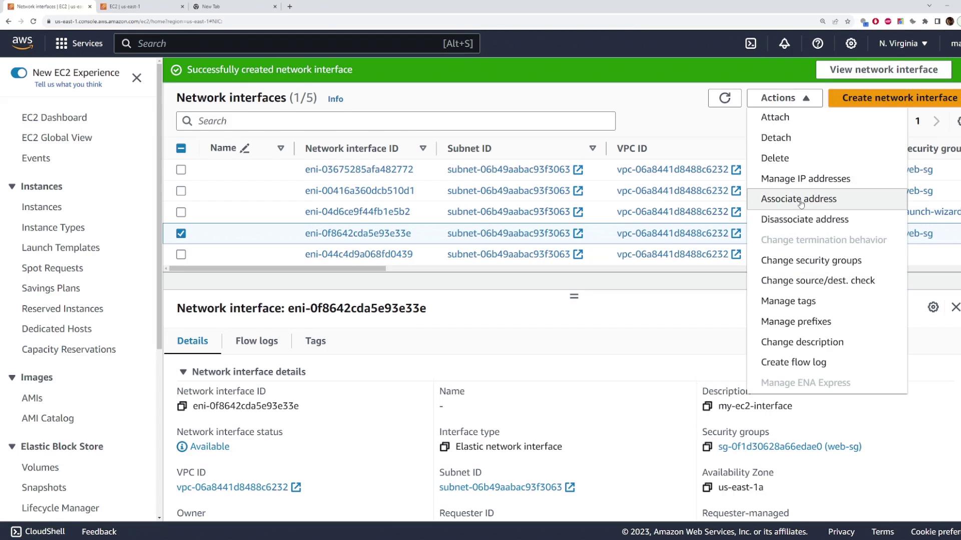 The image shows an AWS EC2 console interface displaying network interfaces, with options to manage them, such as attaching, detaching, and associating addresses. A specific network interface is selected, showing its details like ID, status, and associated security groups.