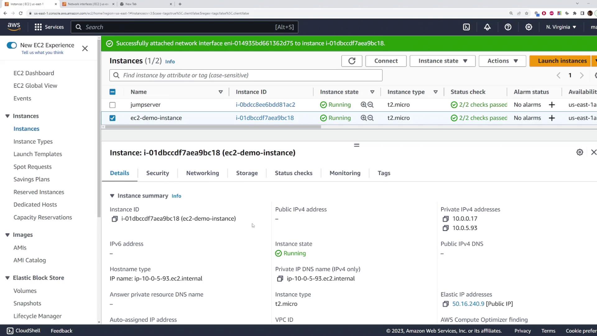 The image shows an AWS EC2 management console with two running instances, including details for "ec2-demo-instance" such as its instance ID, state, and IP addresses.