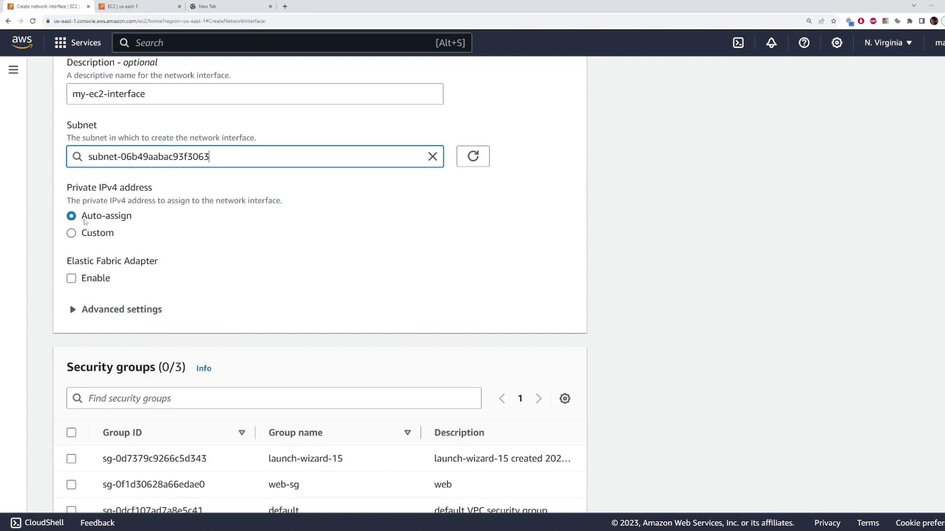 The image shows an AWS EC2 console interface for creating a network interface, with options to set a description, subnet, private IPv4 address, and security groups.
