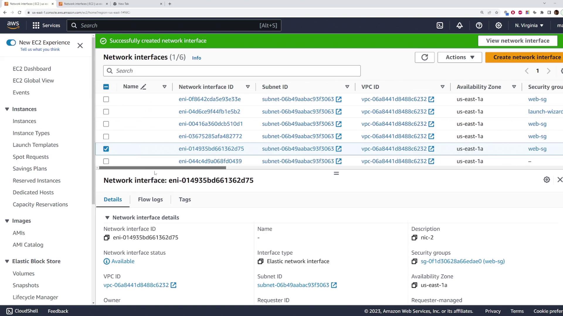 The image shows an AWS EC2 console displaying a list of network interfaces, with details of a selected network interface highlighted at the bottom.