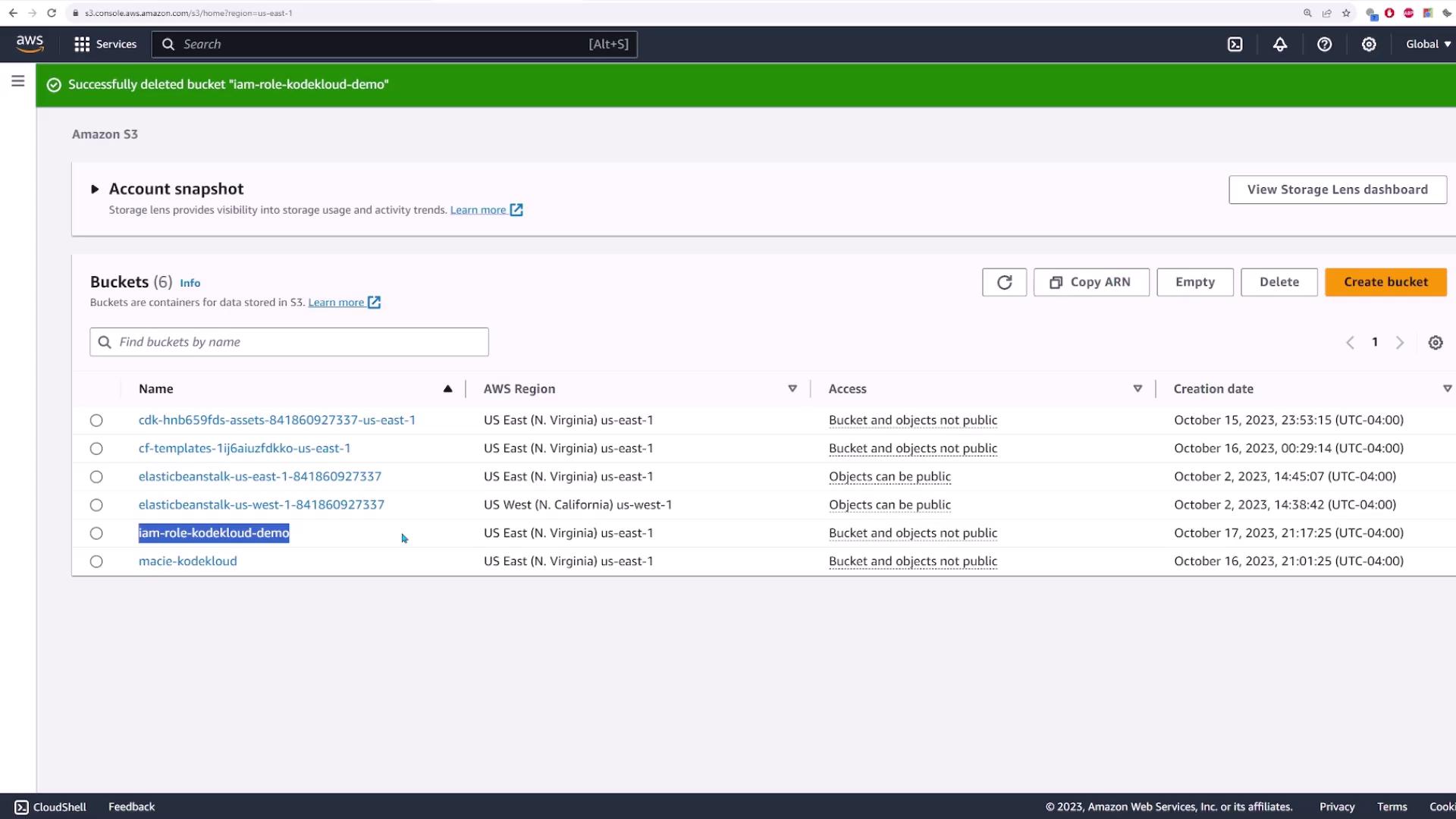 The image shows an Amazon S3 console with a list of buckets, their regions, access settings, and creation dates. A notification at the top indicates a bucket was successfully deleted.