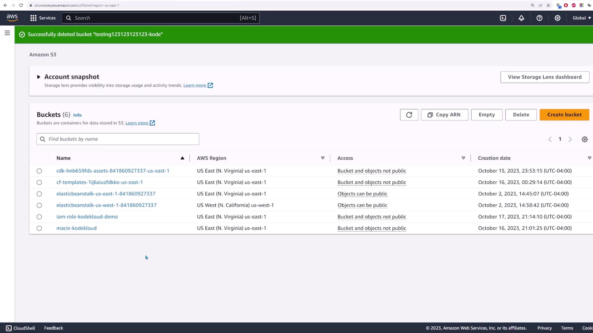 The image shows an Amazon S3 console with a list of buckets, their regions, access settings, and creation dates. A notification at the top indicates a bucket was successfully deleted.