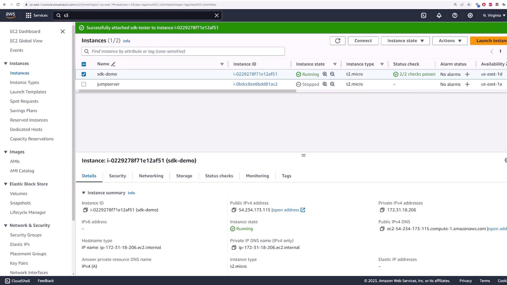 The image shows an AWS EC2 management console with details of two instances, one running and one stopped. The selected instance, "sdk-demo," is running with a t2.micro type and has passed status checks.