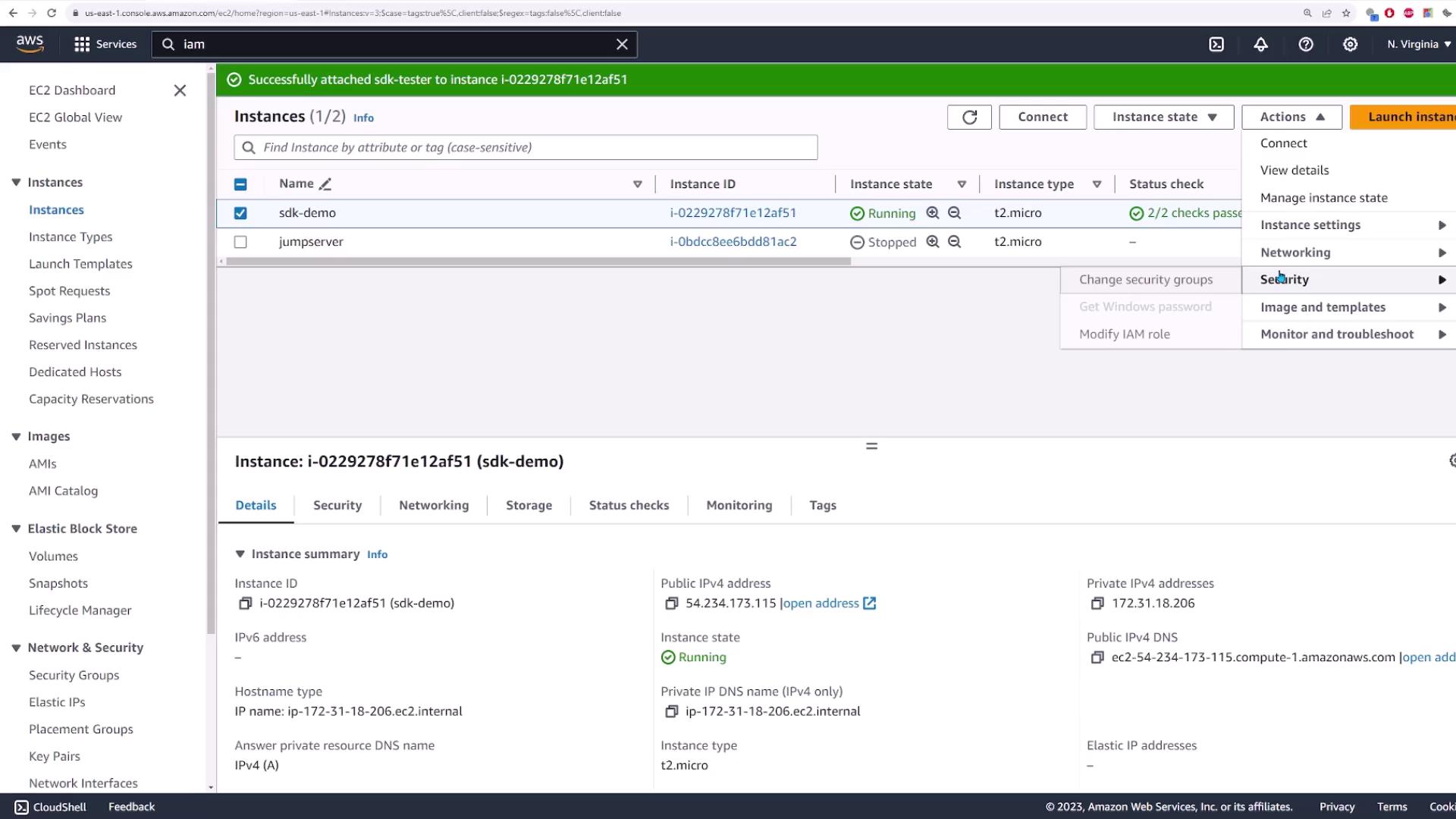 The image shows an AWS EC2 management console with details of an instance named "sdk-demo" that is currently running. It displays instance information such as instance ID, public and private IP addresses, and instance type.