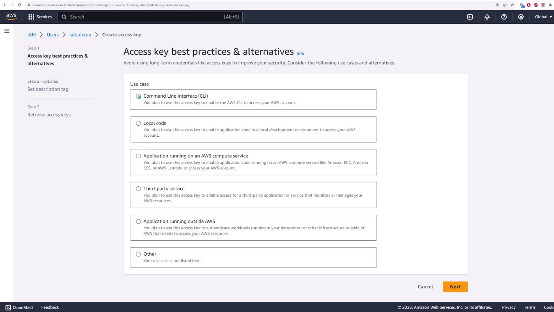 The image shows an AWS IAM console screen for creating an access key, with options for different use cases like CLI, local code, and third-party services. It includes steps for accessing key best practices and alternatives.